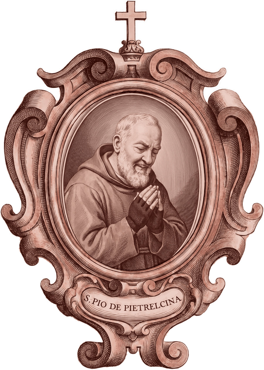 St Pio of Pietrelcina in Palóu’s cartouche frame, engraved in the manner of 1782