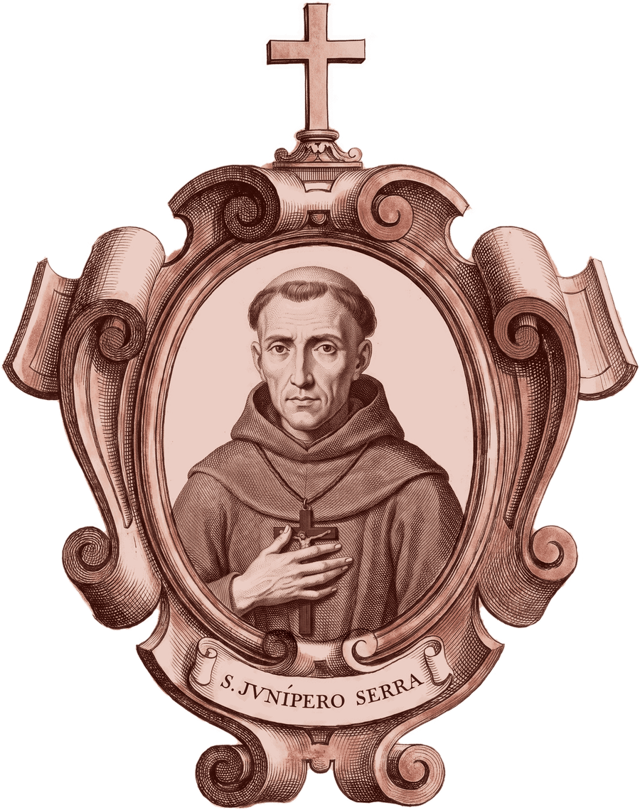 St Junípero Serra in Palóu’s cartouche frame, engraved in the manner of 1782