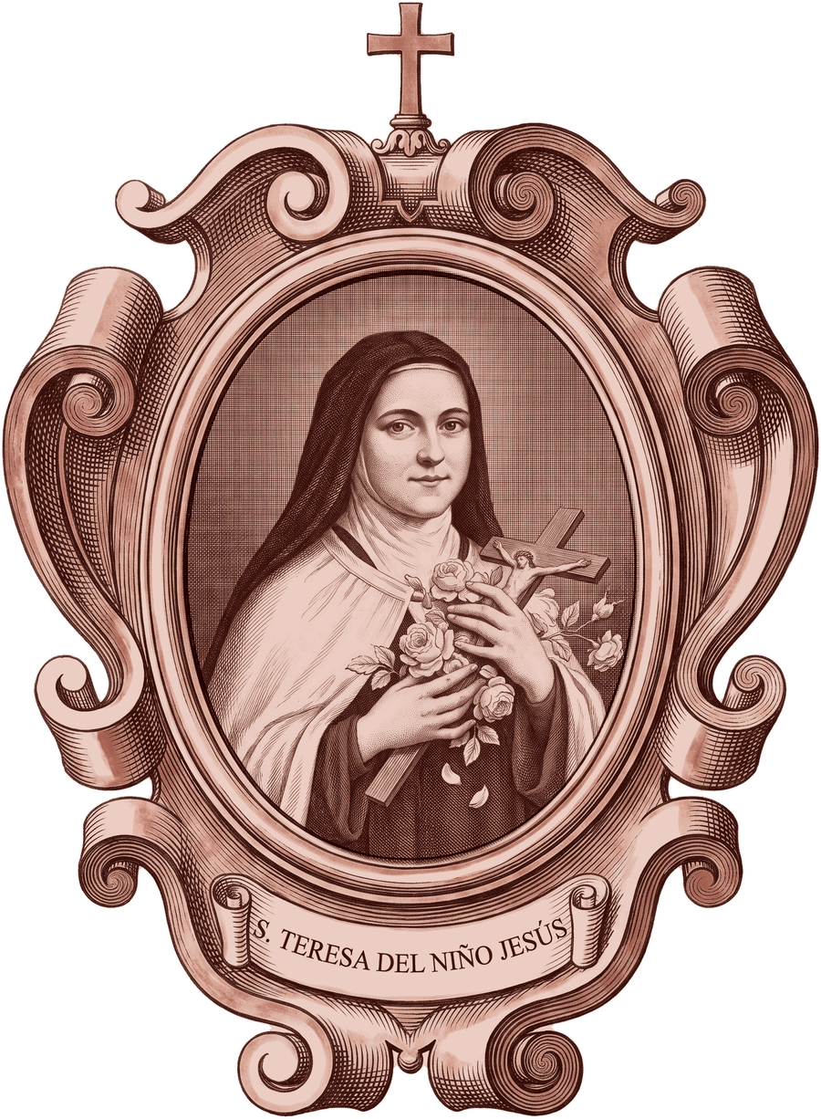 St Thérèse of the Child Jesus in Palóu’s cartouche frame, engraved in the manner of 1782