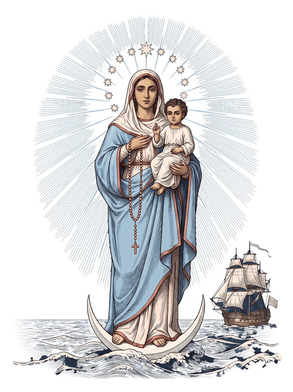 Stella Maris: Our Lady, Star of the Sea, standing on the crescent above the waves, holding the Child, crowned with twelve stars, a ship at her right; copper engraving in the manner of 1782